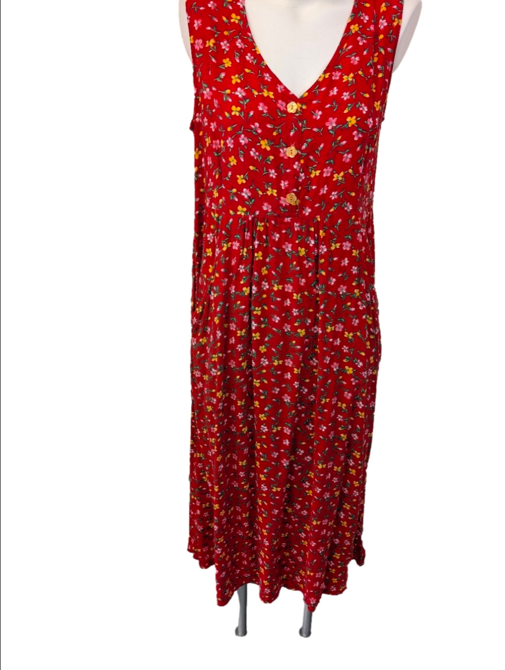 Vintage Dress Red Cottagecore Style V-Neck Sleeveless Maxi Dress Sz M
